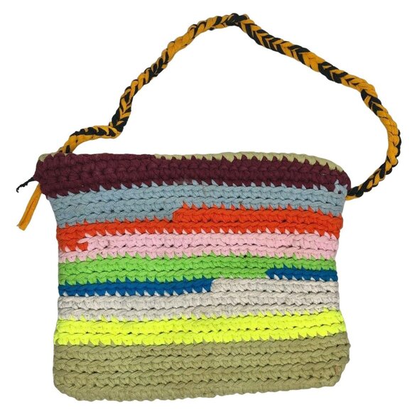 Handcrafted Crochet Rainbow Shoulder Bag With Button Closure & Braided Strap New - Picture 5 of 7